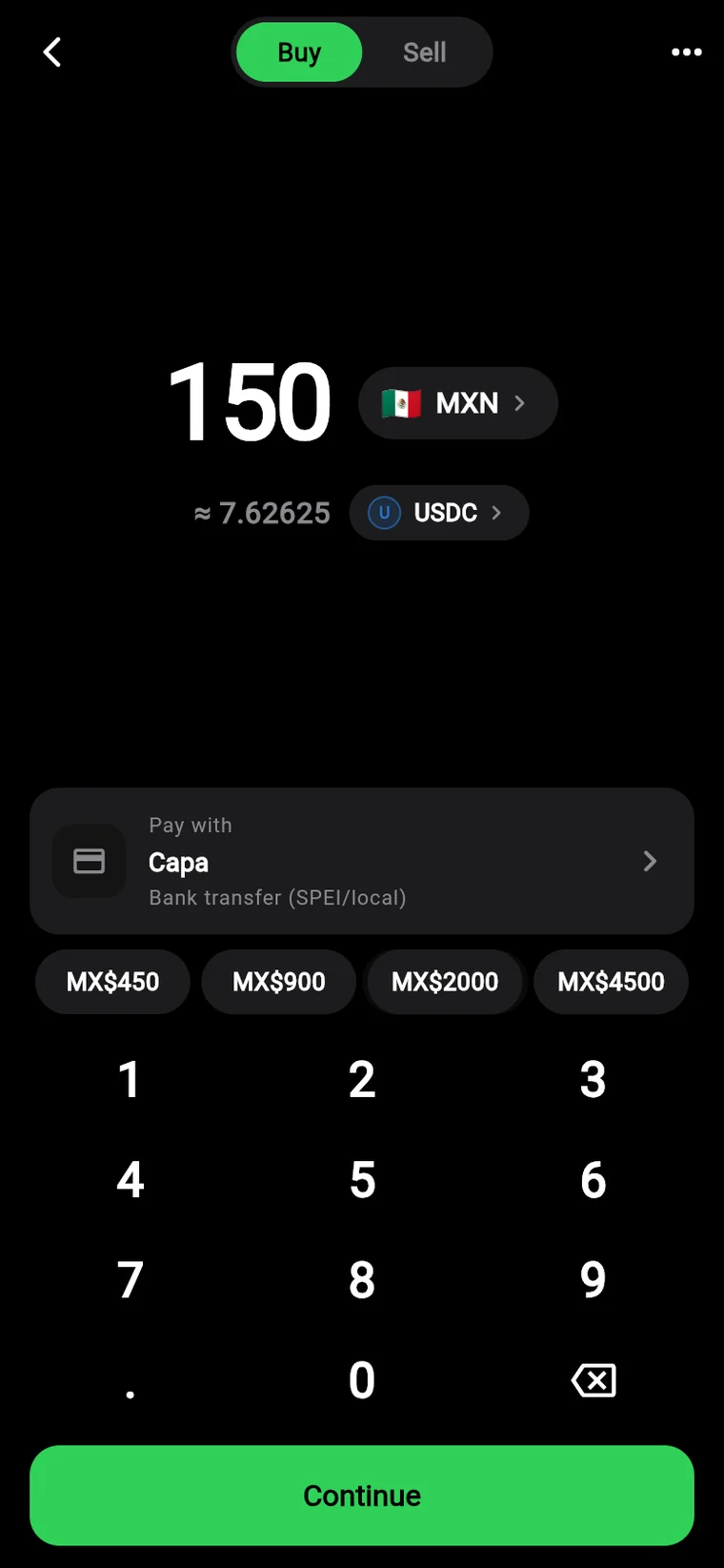 Buy screen converting 150 Mexican pesos into USDC, paying by local bank transfer
