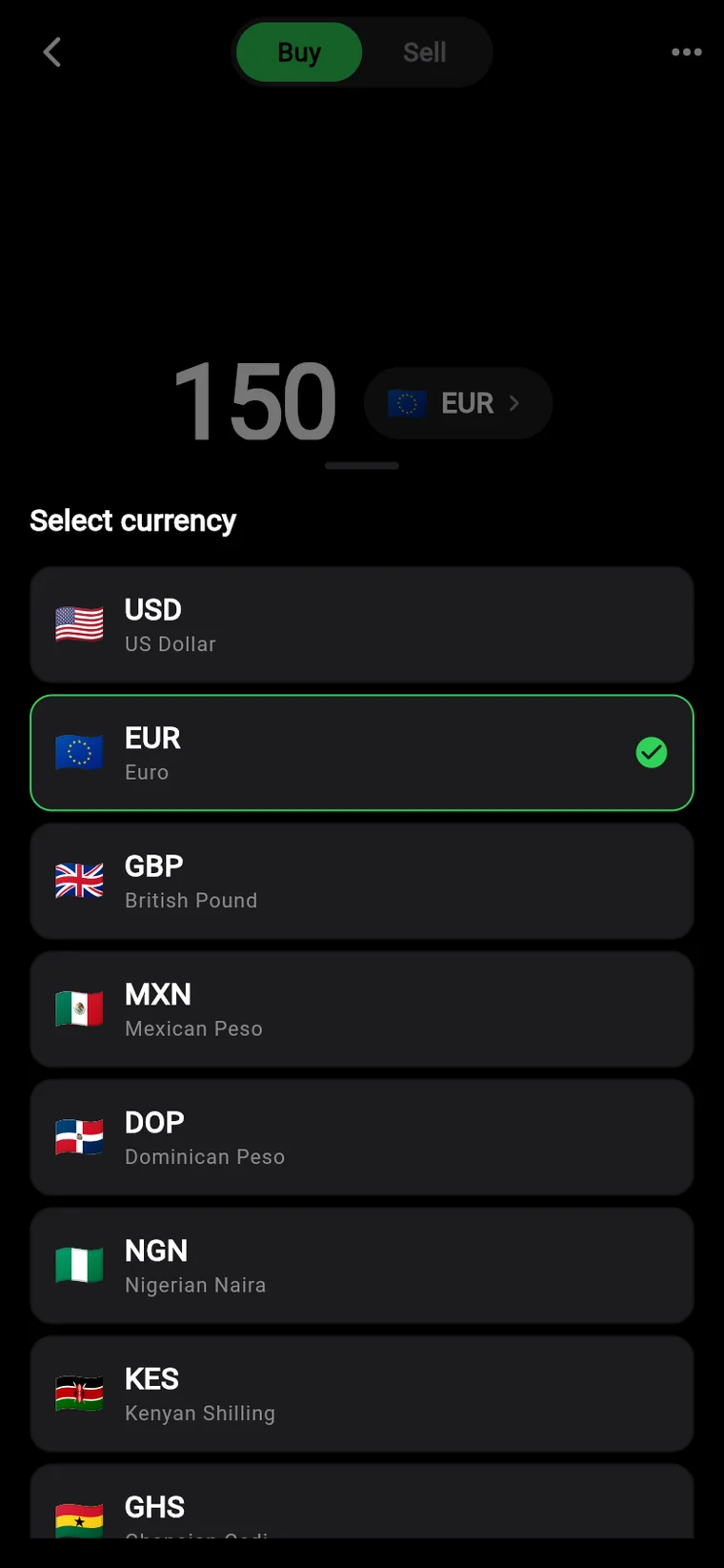 Currency picker listing US Dollar, Euro, British Pound, Mexican Peso, Nigerian Naira, Kenyan Shilling and more
