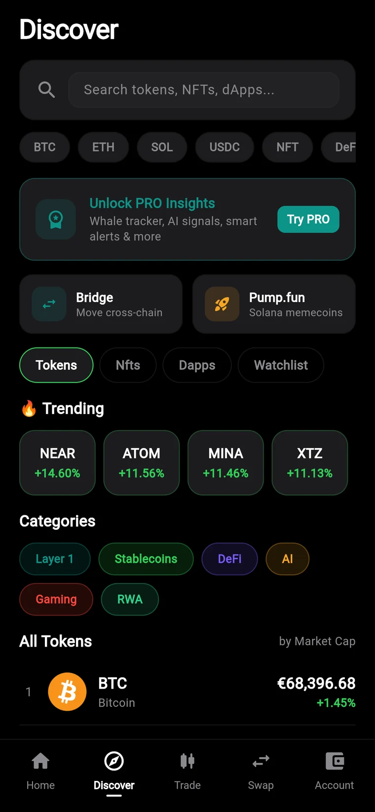 Discover screen listing the top crypto markets with live prices and 24h changes