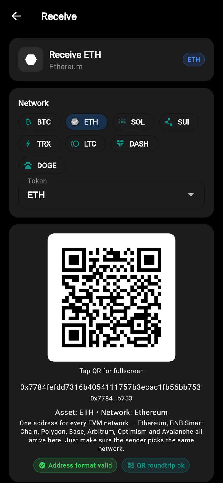 Receive screen showing a QR code and address, with network chips for Bitcoin, Ethereum, Solana, Sui, Tron, Litecoin, Dash and Dogecoin