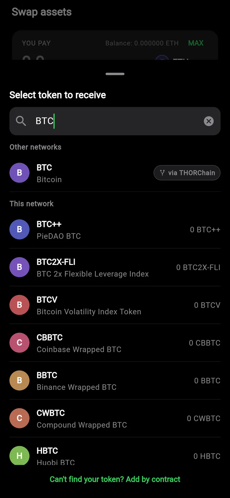 Swap screen with the receive-coin picker open, showing Bitcoin available natively via THORChain