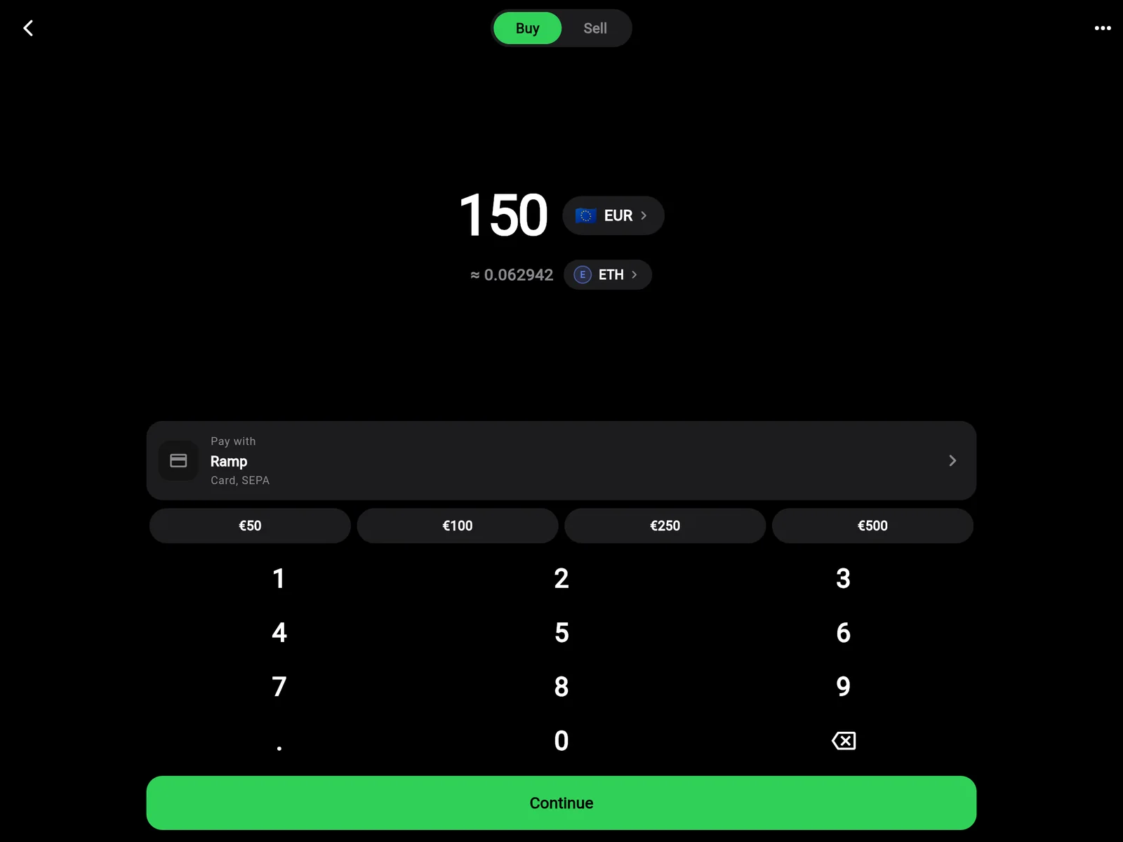 Buy screen in the browser converting 150 EUR into ETH, with the payment provider and card or SEPA options shown