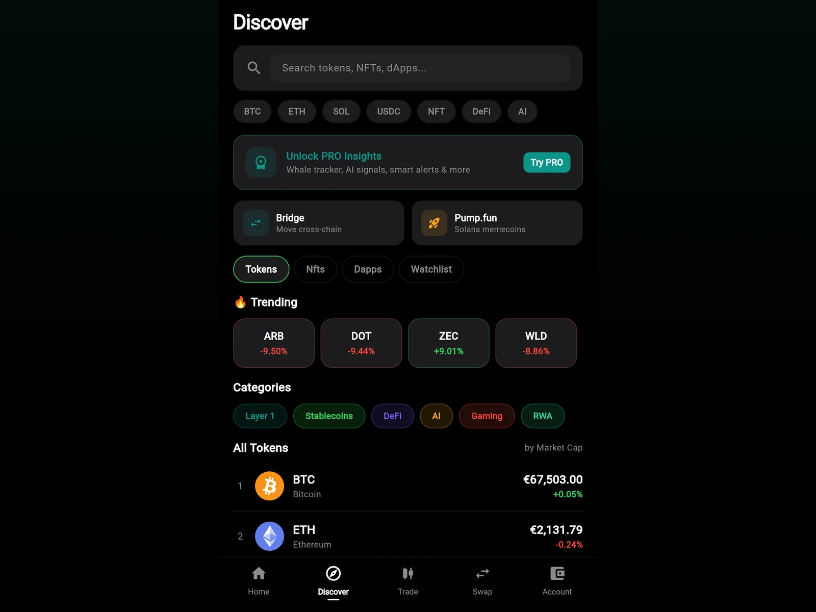 Discover tab in the browser: search, trending coins and the top tokens ranked by market cap with live prices