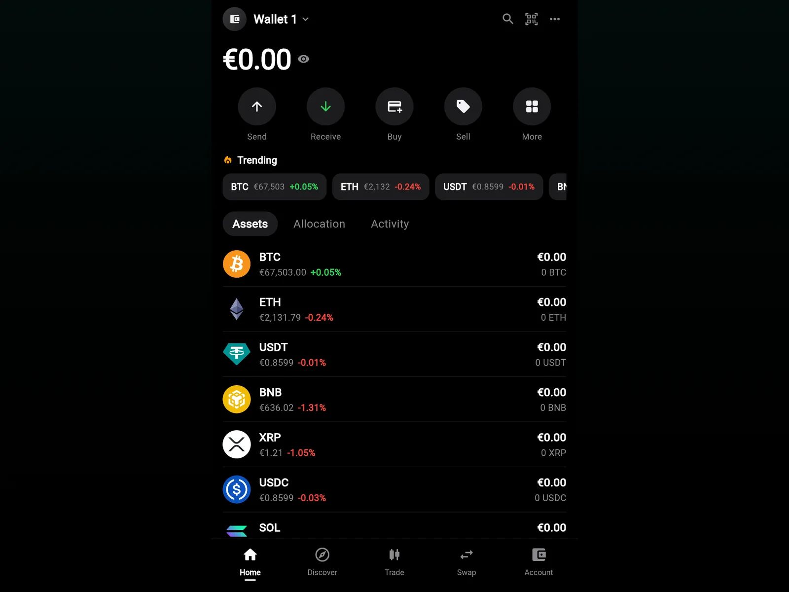 Wallet home in the browser with the balance, Send, Receive, Buy and Sell actions, a trending strip and the asset list